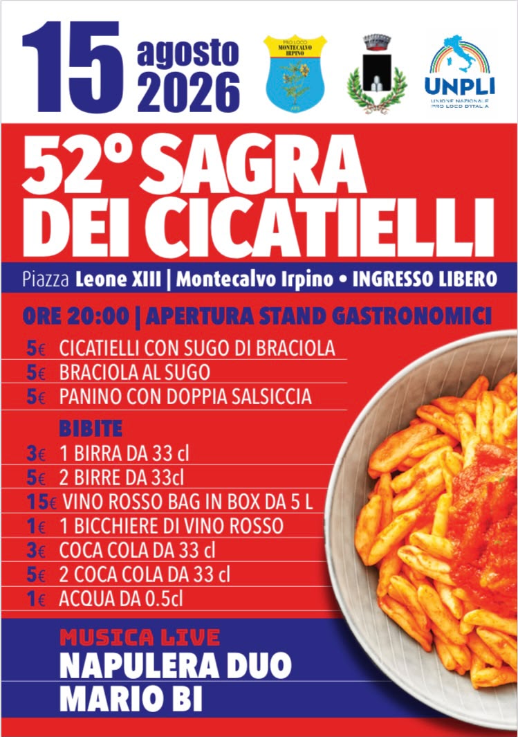 Montecalvo celebra Ferragosto tra gastronomia, musica e tradizioni: dal 14 al 16 agosto tre giorni di eventi